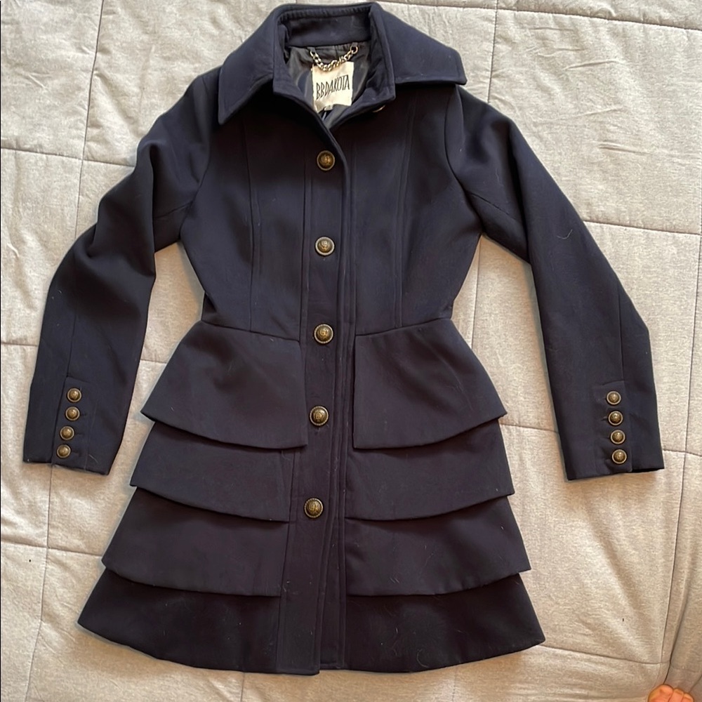 BB Dakota Sz S Navy Blue Women's Coat with Tiered Bottom